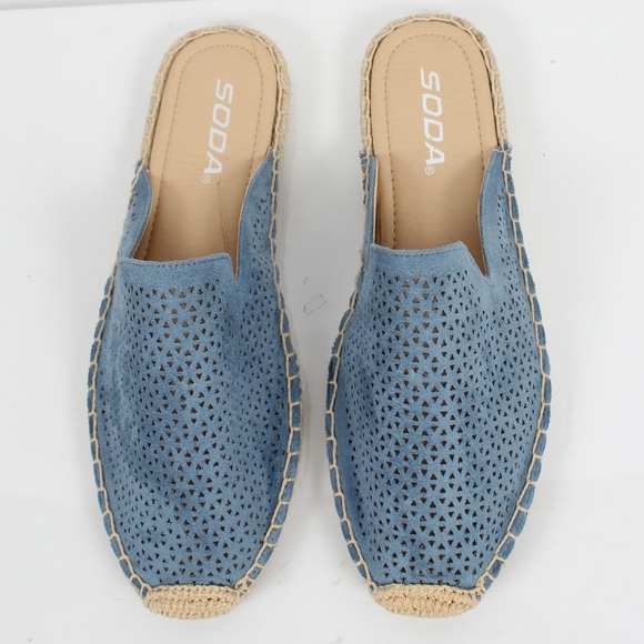 Blue Perforated Crochet  Slip On Flat Sandal - Picture 4 of 6